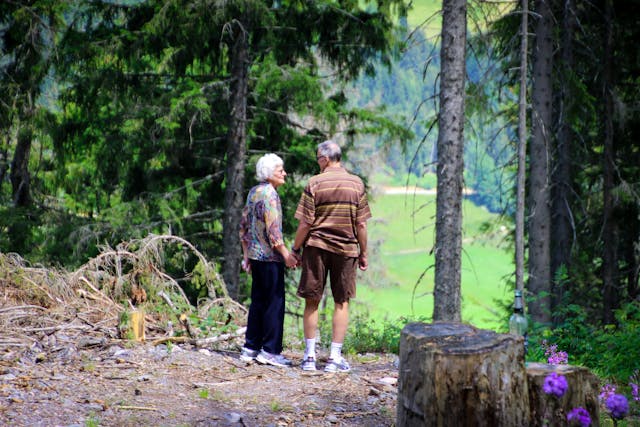 elderly couple on a walk